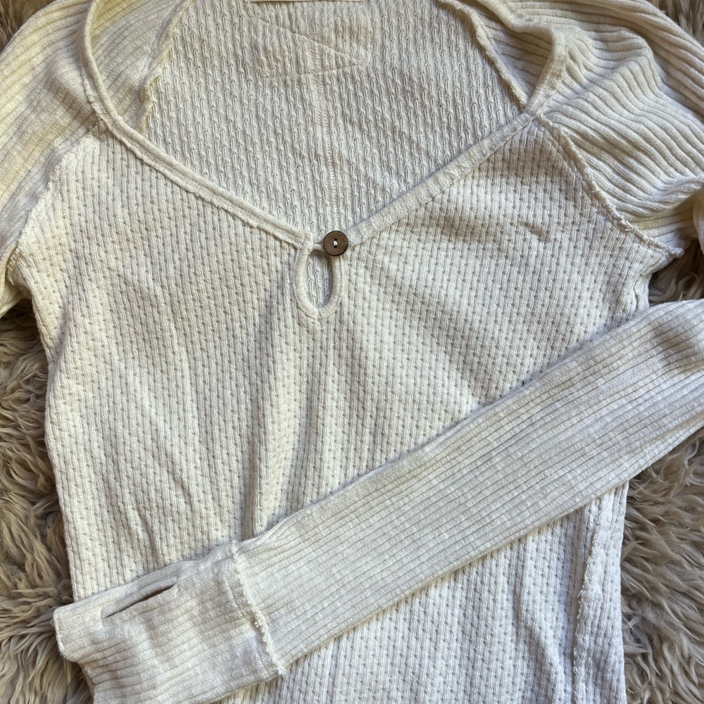Free People White Ribbed Long Sleeve Tee
